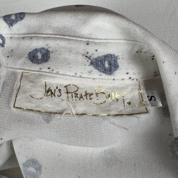 Jen's Pirate Booty Shirt S Women White Blue Print Long Sleeve Button Front Rayon - Picture 5 of 8